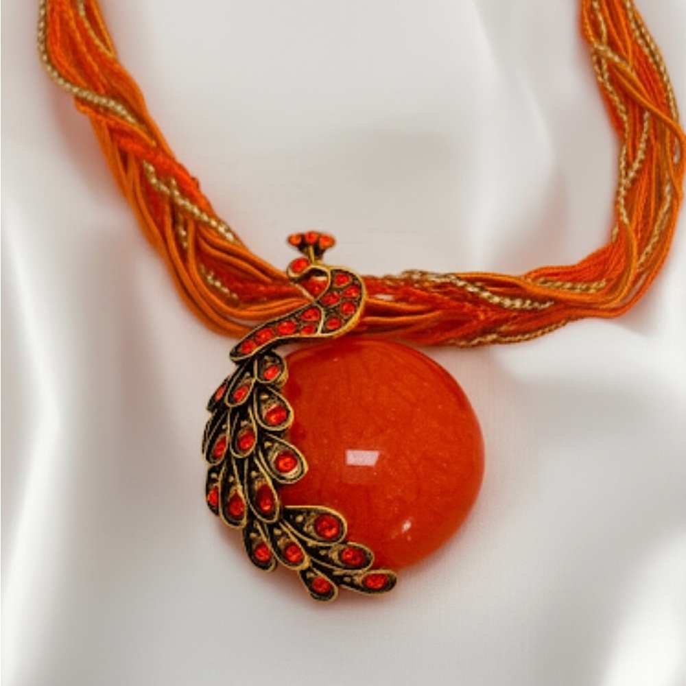 Orange Peacock Multistrand Statement Necklace